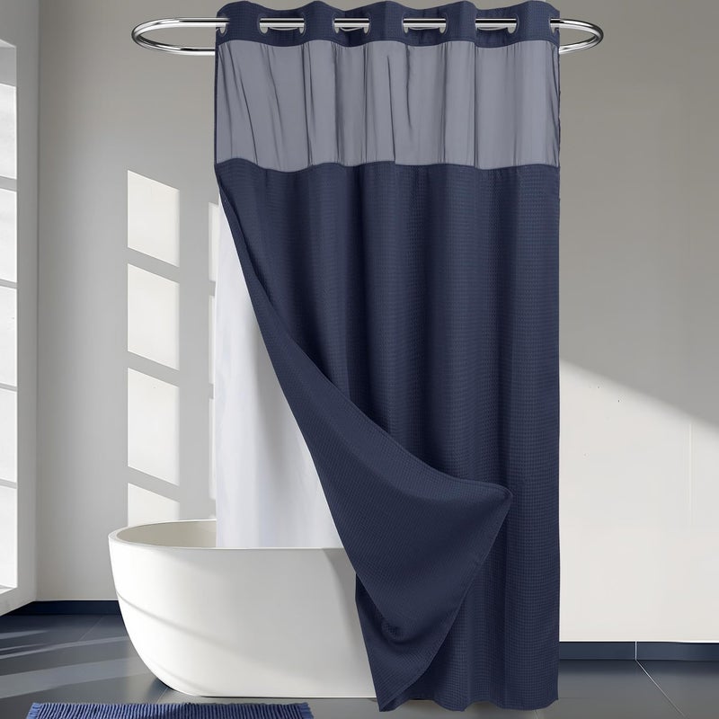 River Dream Heavyweight No Hooks Required Dotted Waffle Weave Shower Curtain with Snap in Liner -Extra Long 71W x 86H,Hotel Grade,Spa Like Bath Curtain,Navy - Image 1